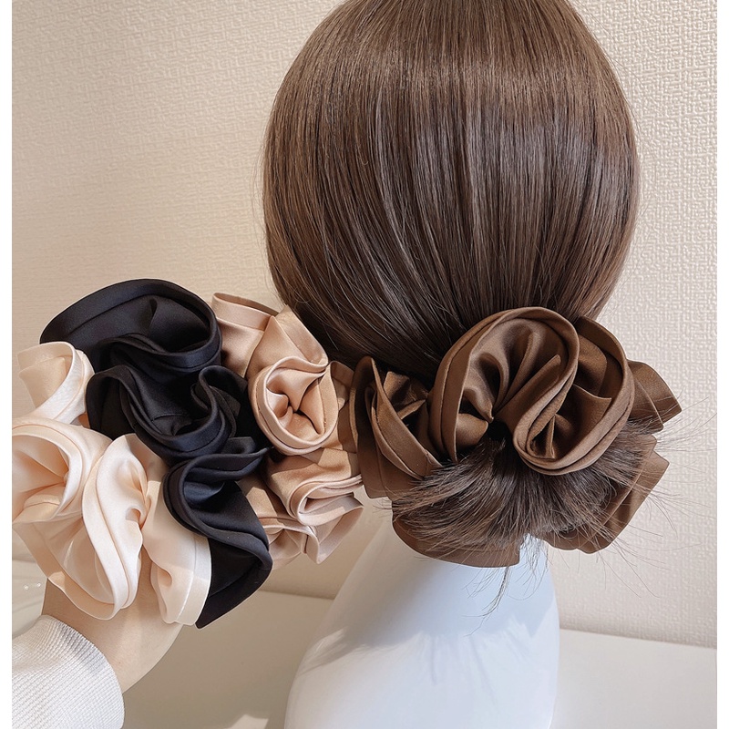 FRENCH BIG RING SCRUNCHIE HAIR TIE KARET IKAT RAMBUT SILK SATIN WARNA POLOS COKELAT HITAM HIJAU ABU-ABU MERAH BESAR KOREA KOREAN SCRUNCHIES PITA