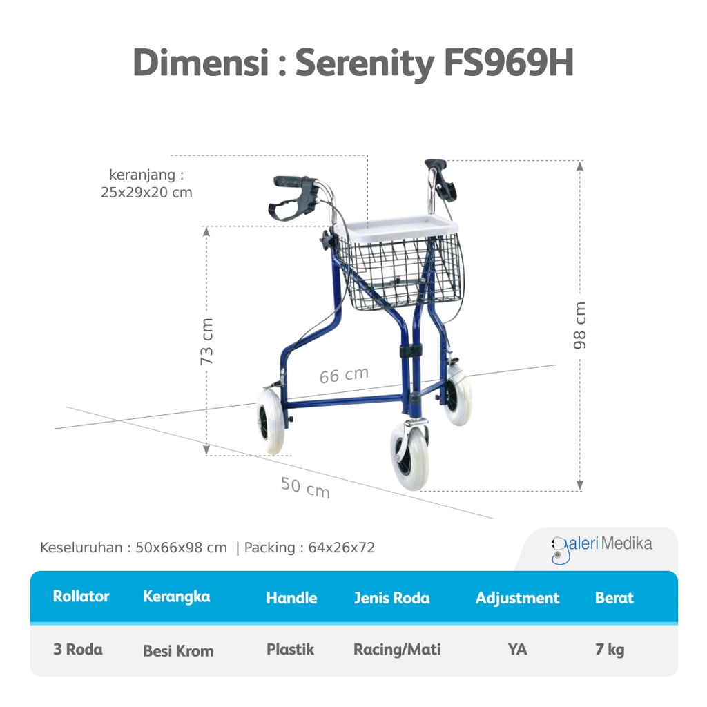 (KHUSUS GOJEK) Alat Bantu Jalan Walker Rollator GEA FS 969H / FS-969H / FS969H Roda Tiga - Alat Latihan Berjalan