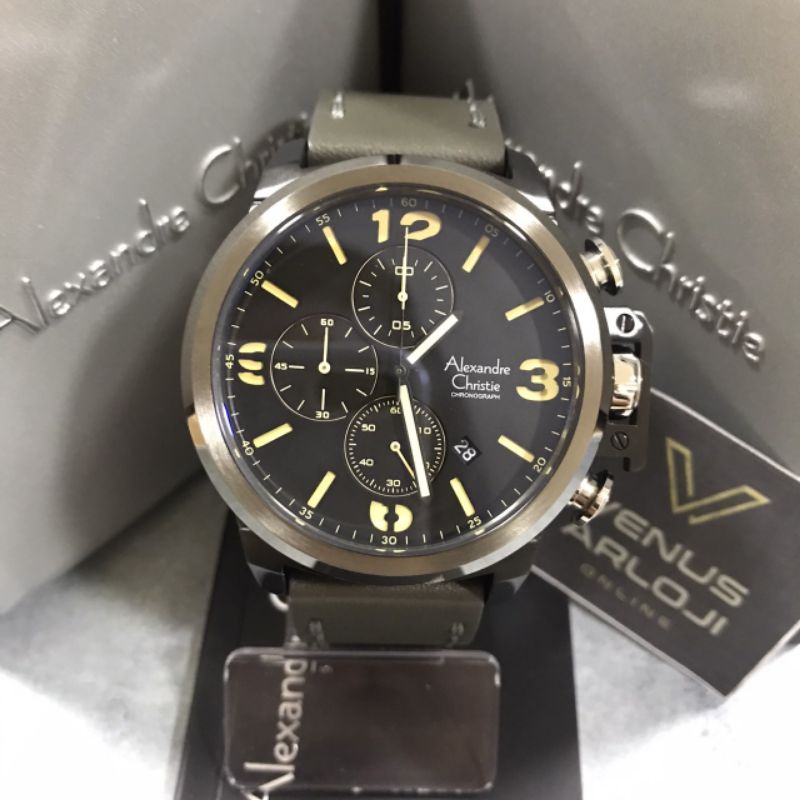 Jam Alexandre Christie AC 6280 MC LBG Pria Hitam Ring Abu Kulit Hijau Army Bulat