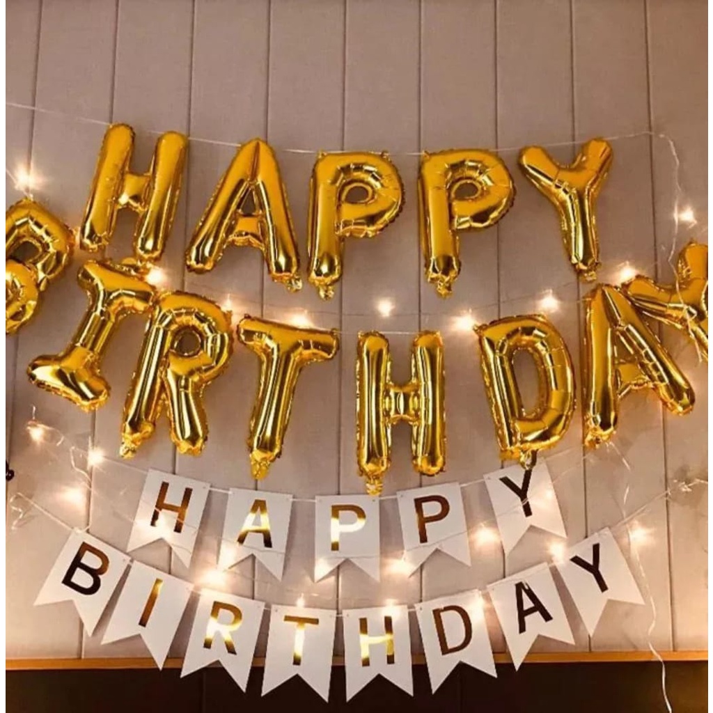 Balon Set Happy Birthday Hbd Warna Gold Dan Banner Segi 5 Warna Putih atau Biru Tulisan Gold Beserta