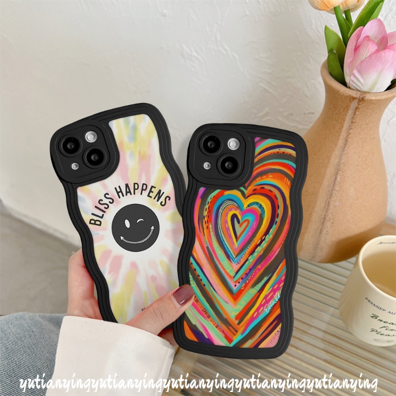 IPHONE Casing Ponsel Smiley Lucu Kompatibel Untuk Iphone11 12 14 13 Pro Max 6 6s 7 8 Plus XR 14 Plus X XS Max SE 2020 Ins Gradasi Warna-Warni Cinta Hati Pelangi Bergelombang Tepi Lembut TPU Cover