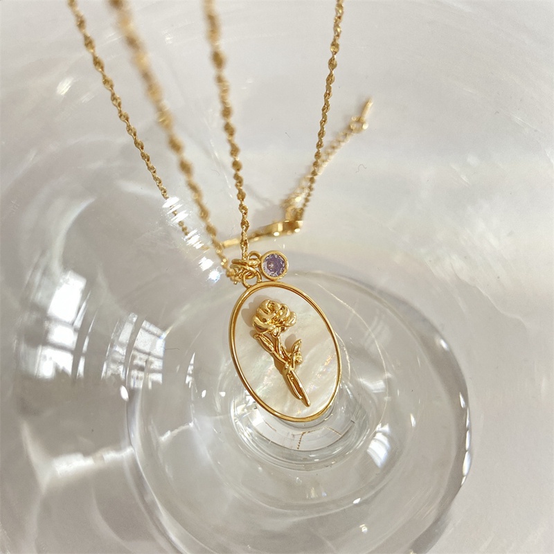 Baru 18 K Emas Lahir Bunga Kalung Birthstone Charms Putih Alami Shell Oval Flower Necklace Untuk Wanita