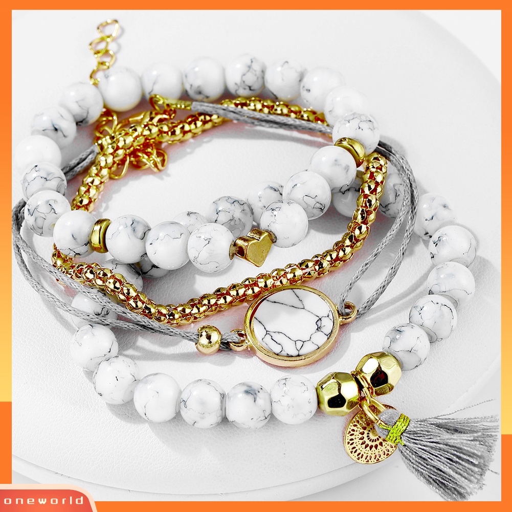 [ONE] 4 Pcs Wanita Manik-Manik Pirus Imitasi Rumbai Pesona Gelang Bangle Set Perhiasan Hadiah