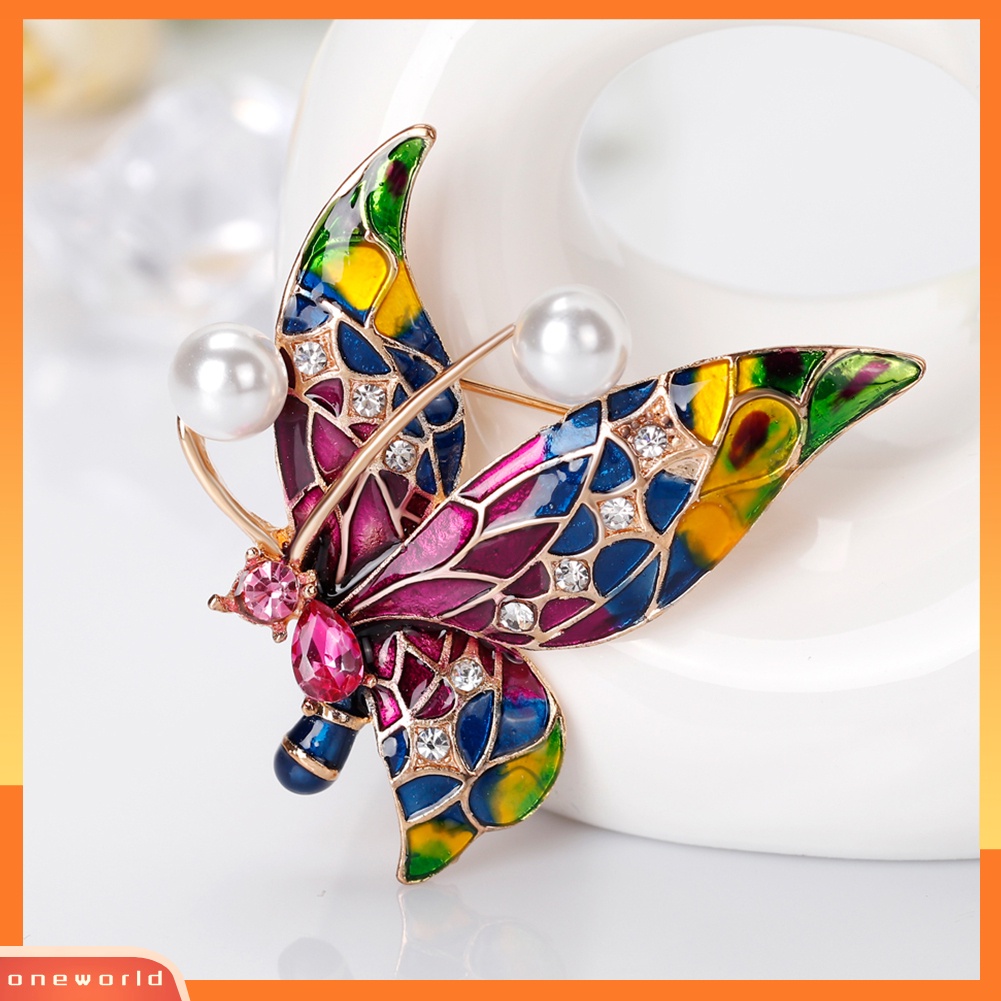 [WONE] Wanita Retro Multicolor Enamel Faux Pearl Antennae Butterfly Bros Pin Perhiasan