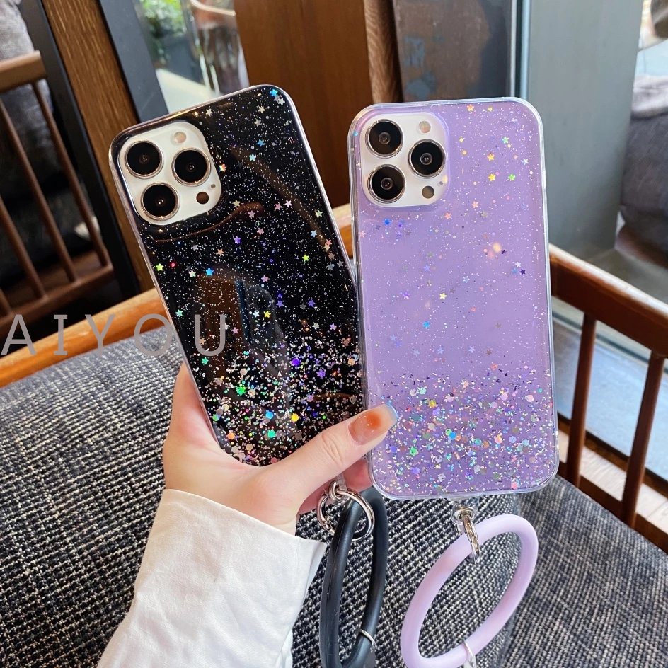 IPHONE Rantai Liontin Gantung Telepon Tali Pergelangan Tangan Ring Holder Case Untuk Iphone14 13 Pro Max11 12 Mini XS XR X6 7 8 Plus SE Bening Glitter Cover