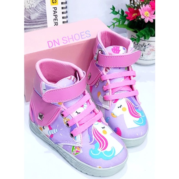 Sepatu Anak Perempuan Boots Anak Perempuan Sepatu Boot anak Sepatu Tali Anak Karakter Unicorn Ungu Cute