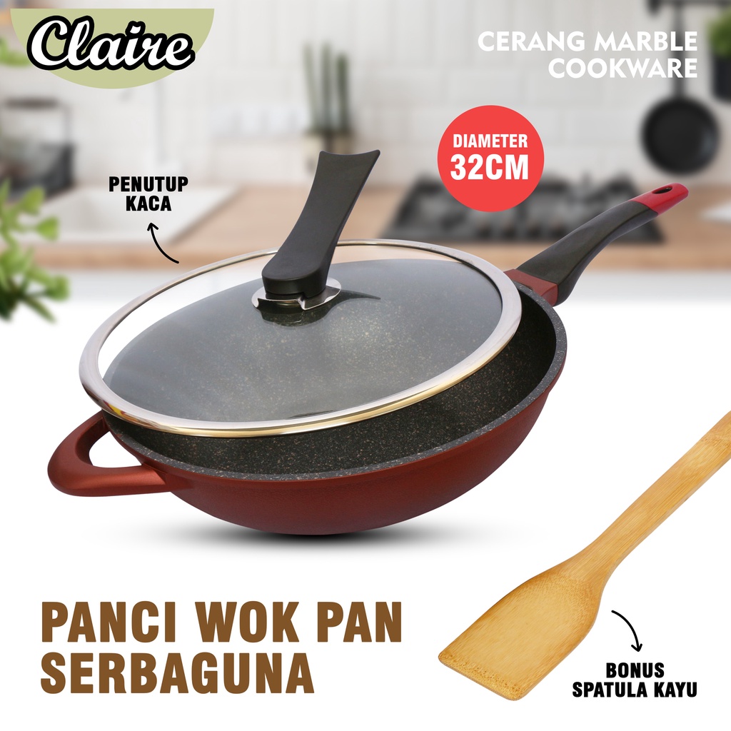 PANCI WOK OMICKO 32CM PAN MARBLE ANTI LENGKET BAHAN SANGAT TEBAL