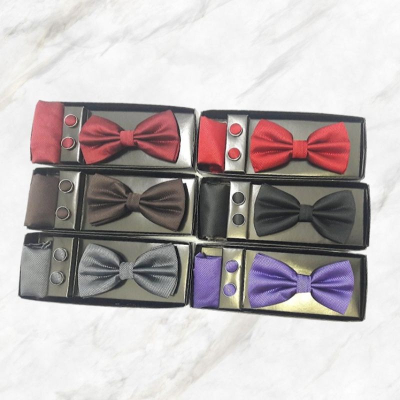 Gift Set Bowtie Import Motif Bintik Isi Dasi Kupu, Pocket Square Handkerchief, Cufflinks