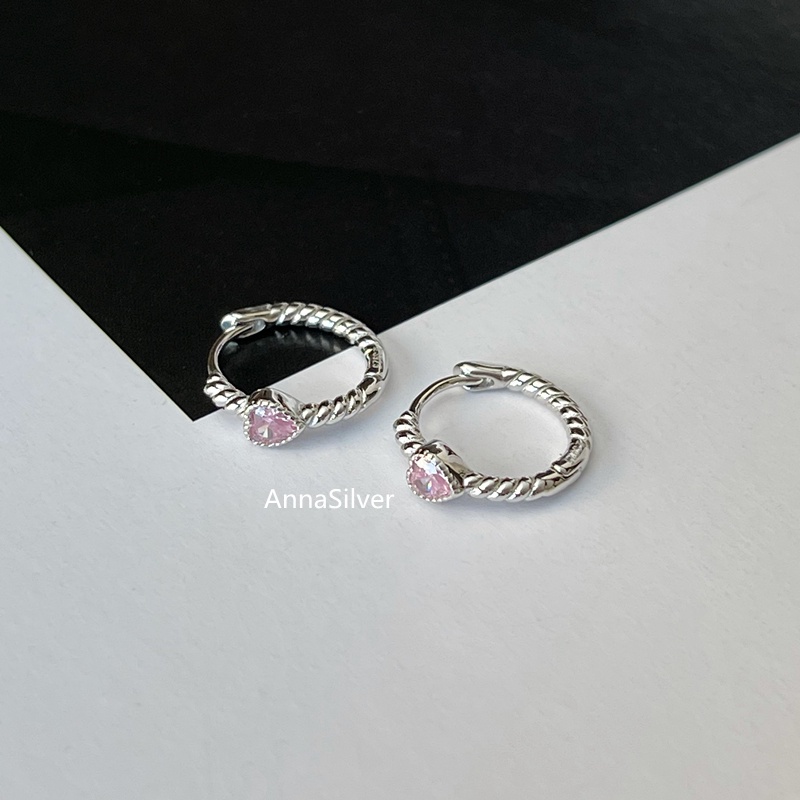 Anting Korea Pink Kristal Hati Anting Hoop Silver Anting Hoop Untuk Aksesoris Perhiasan Wanita