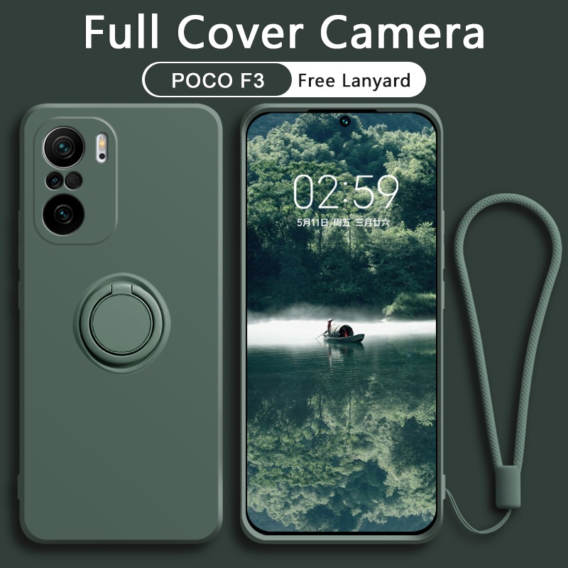 Xiaomi Poco F3 Case Matte Ring Holder Liquid Silikon Lanyard Soft FREE TALI LANYARD