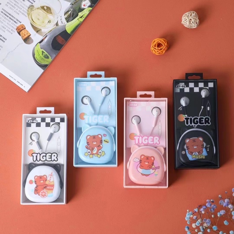 [ XY 68 ] Set Headset Earphone karakter seri XY 68 motif Tiger Animal  plus Wadah penyimpanan Earphone Motif