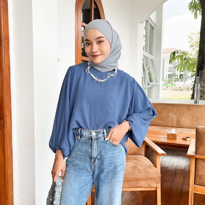 Mika Blouse Wanita Cringkle Lengan Balon Ld 120 Atasan Hits Kekinian