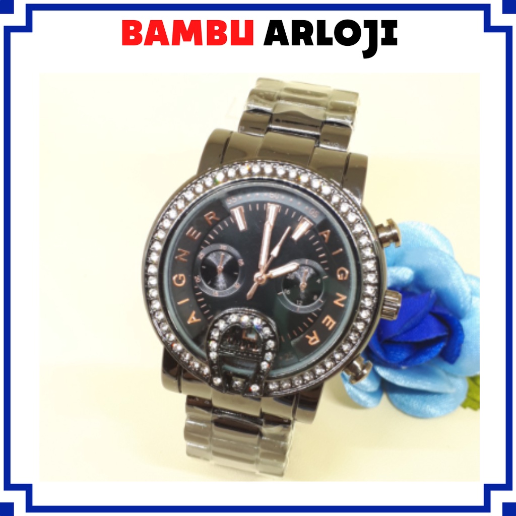 BAJ Jam Tangan Aigner Bari Diamond Chrono Rantai Stainless FULLBLACK AG003