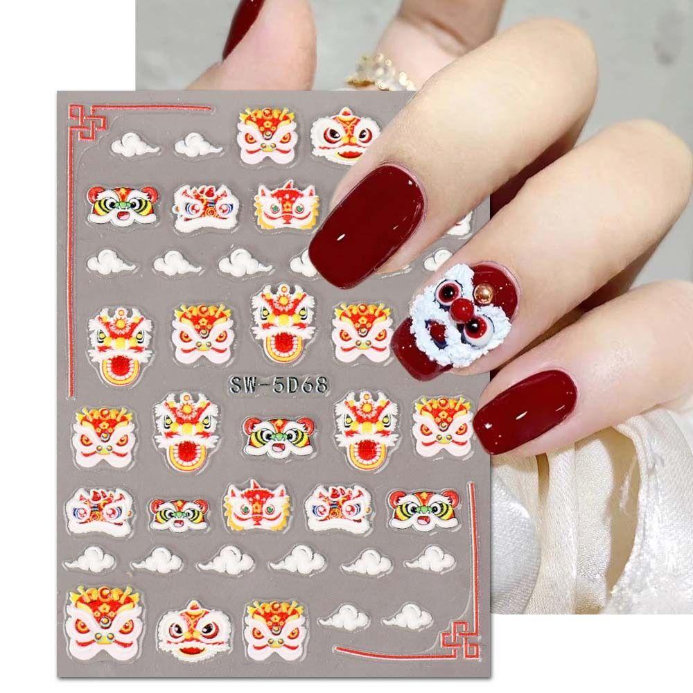 Rebuy Chinese New Year Nail Stiker Fashion Cute Lion New Year Nail Art Manicure Aksesoris FU Karakter Dekorasi Nail Art Karakter Cina