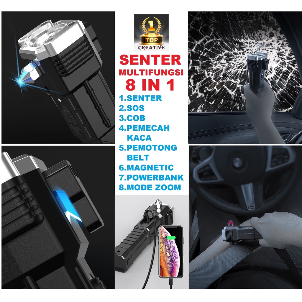 •SENTER PEMECAH KACA PEMOTONG BELT 8 IN 1 SENTER MULTIFUNGSI LED COB POWERBANK