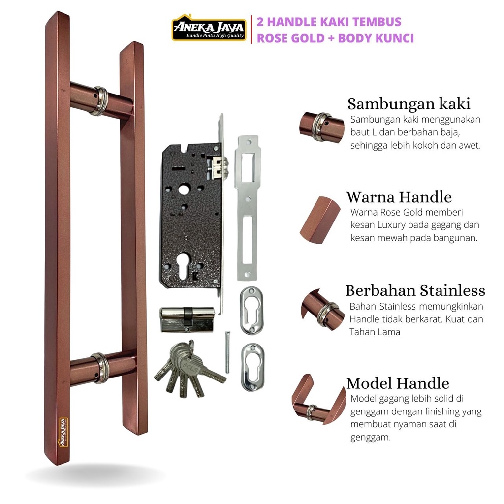 2 Handle Kaki Tembus Set Kunci Rumah Kantor 60 cm 45  33 Gagang Tarikan Pegangan Stainlees Terbaru Pintu Kayu Kaca allumunium  - Rose Gold Hitam Dop Golden