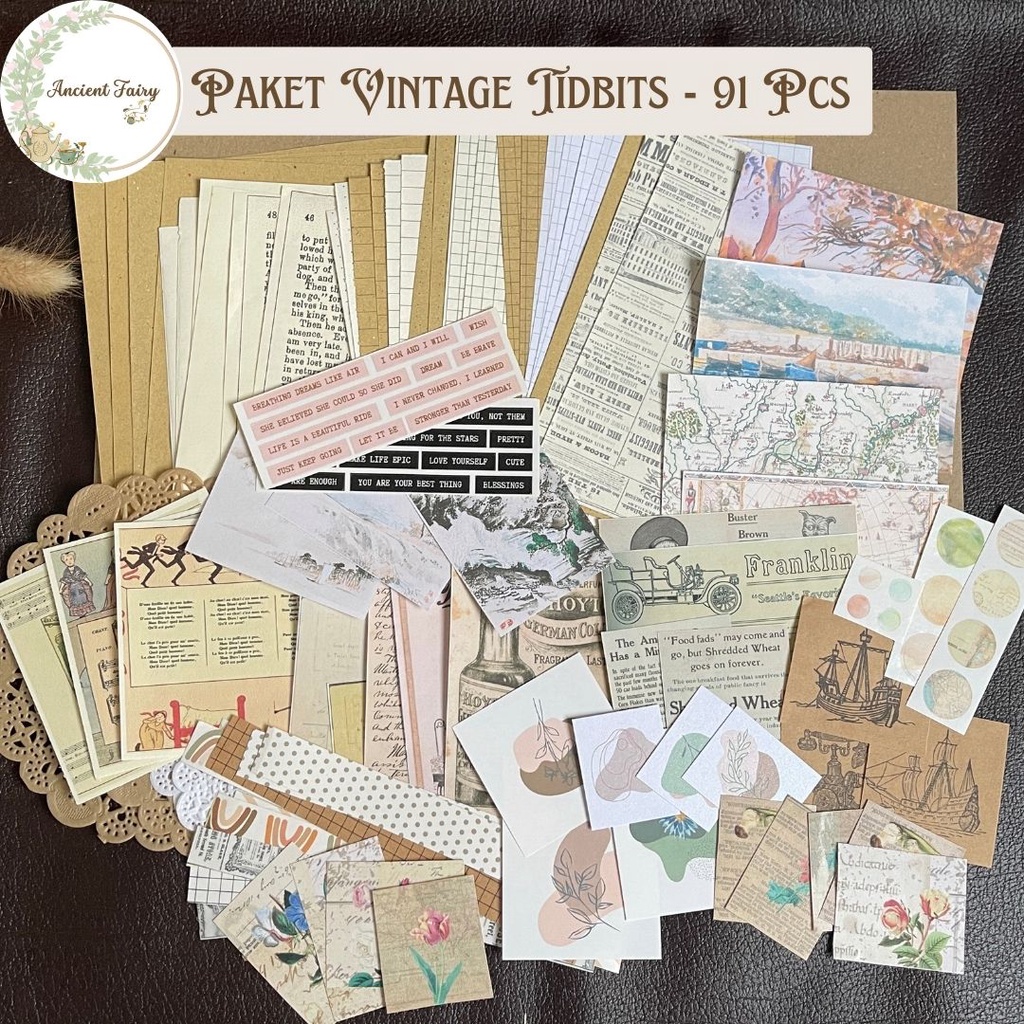 

[ancientfairy] Vintage Journal Kit isi 91 pcs. Paket Vintage Tidbits, set perlengkapan journaling, dekorasi journal, aesthetic vintage theme, DIY deco bullet journal estetik