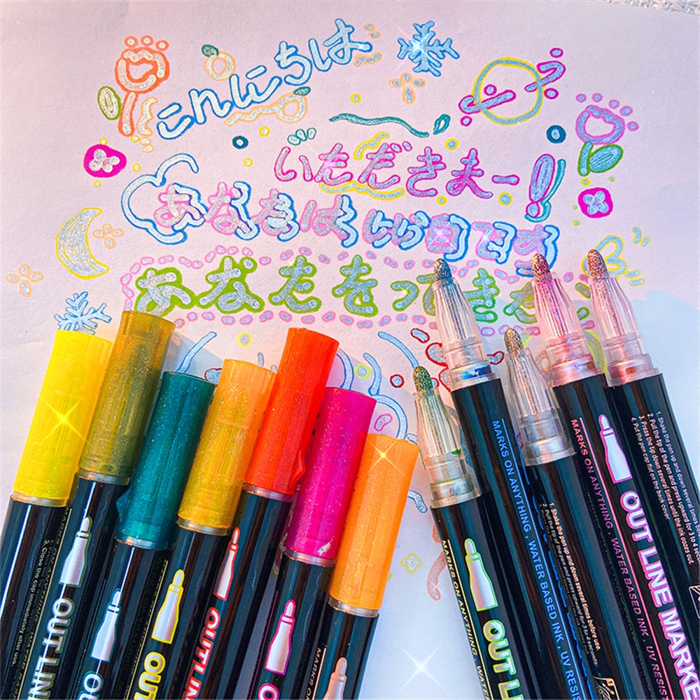 8pcs Ins Outline Shine Fluorescent Markers Pen Untuk Siswa Stationary DIY Painting Stabilo