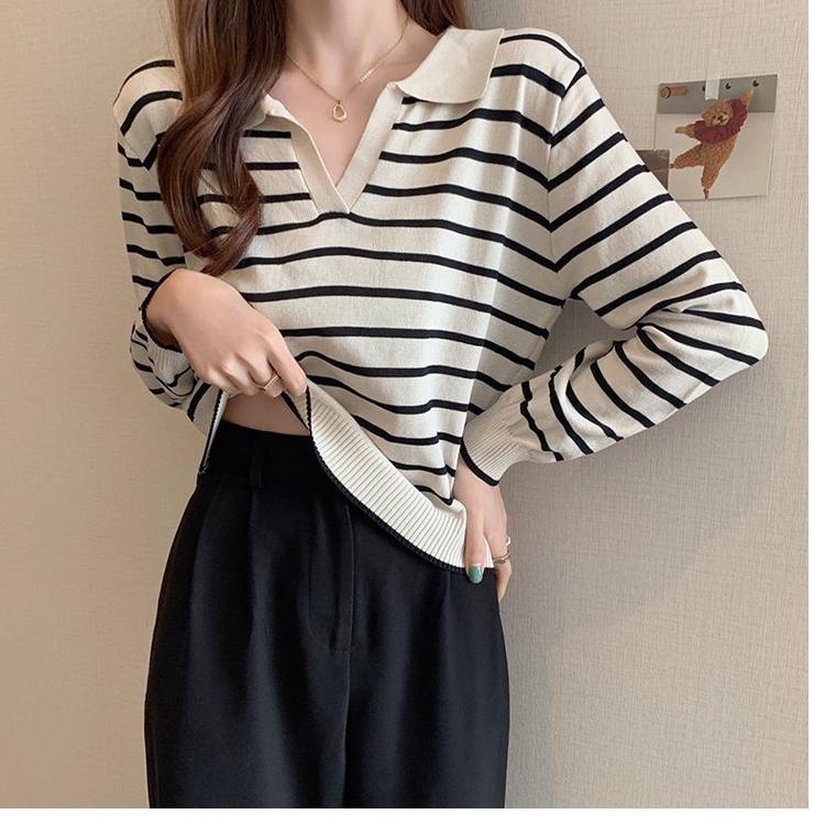 Murah Meriah Sweater Rajut Crop Top Baju Belang Wanita V Neck Lengan Panjang Knit Premium Baju Korea