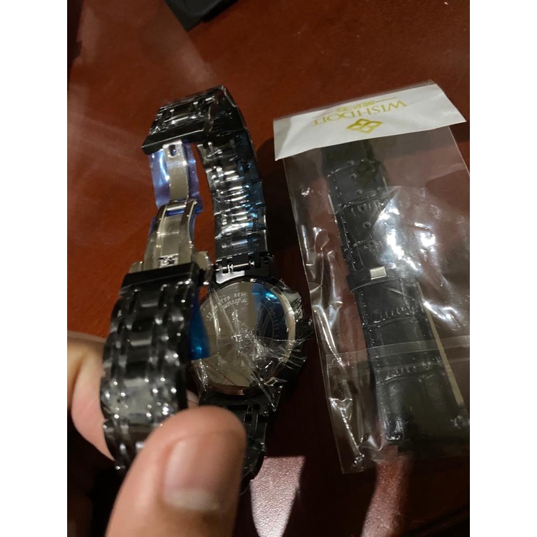 JAM PRIA DEWASA WISHDOIT WATERPROOF GELANG STAINLESS KULIT BLACK ORI