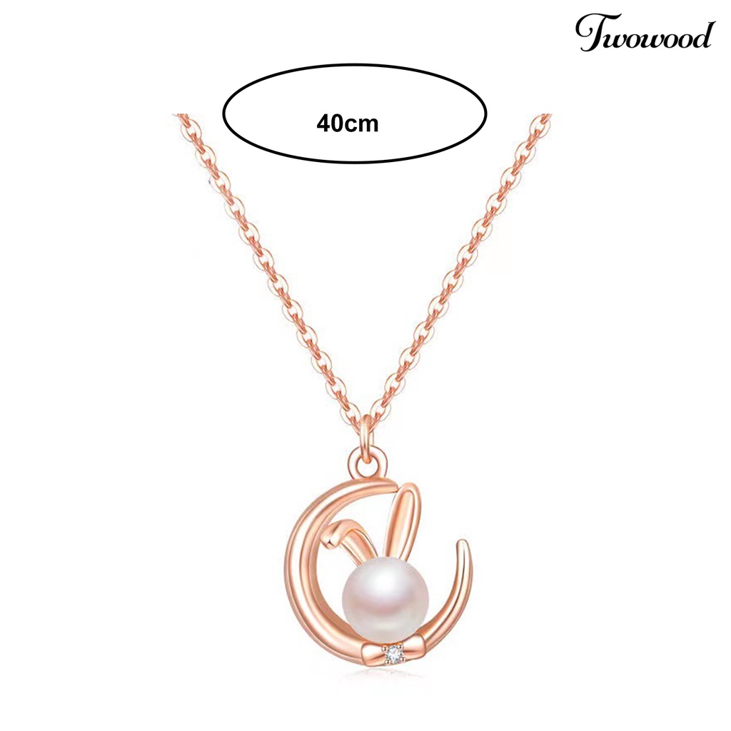 Twowood Wanita Kalung Elegan Dainty Slim Rantai Tinggi Mengkilap Mutiara Imitasi Bulan Kelinci Liontin Kalung Perhiasan Aksesoris