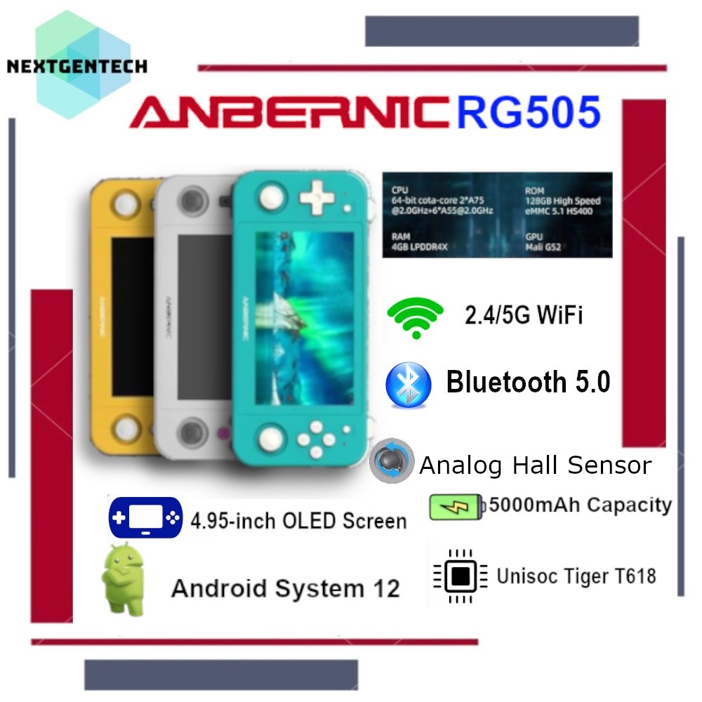 Anbernic RG505 Handheld Video Game Console Retro Android 12 Touch Screen 4.95 Inch OLED 4GB+128GB