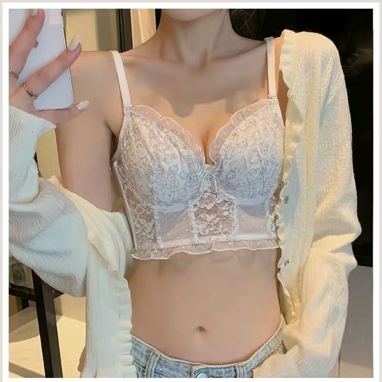 Lingerie wanita bagian tipis dada kecil mengumpulkan renda bra cincin baja lembut nyaman bernapas ga