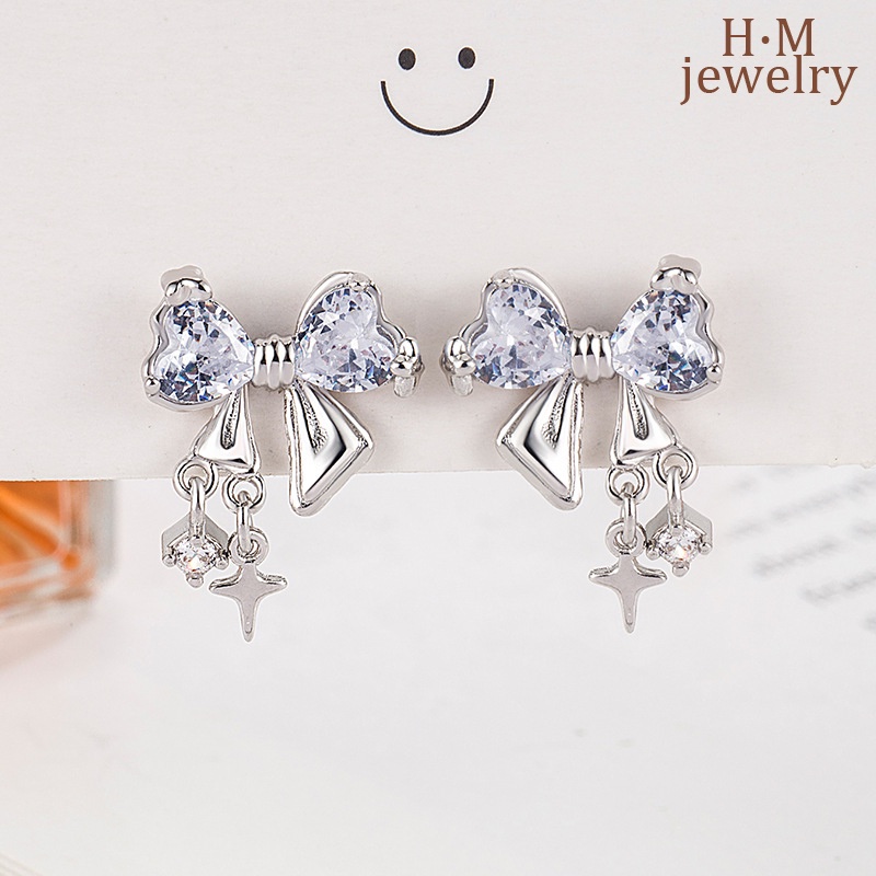 Starry Bright Bow AAA Zircon Stud Earrings Anting Gaya Keren Manis