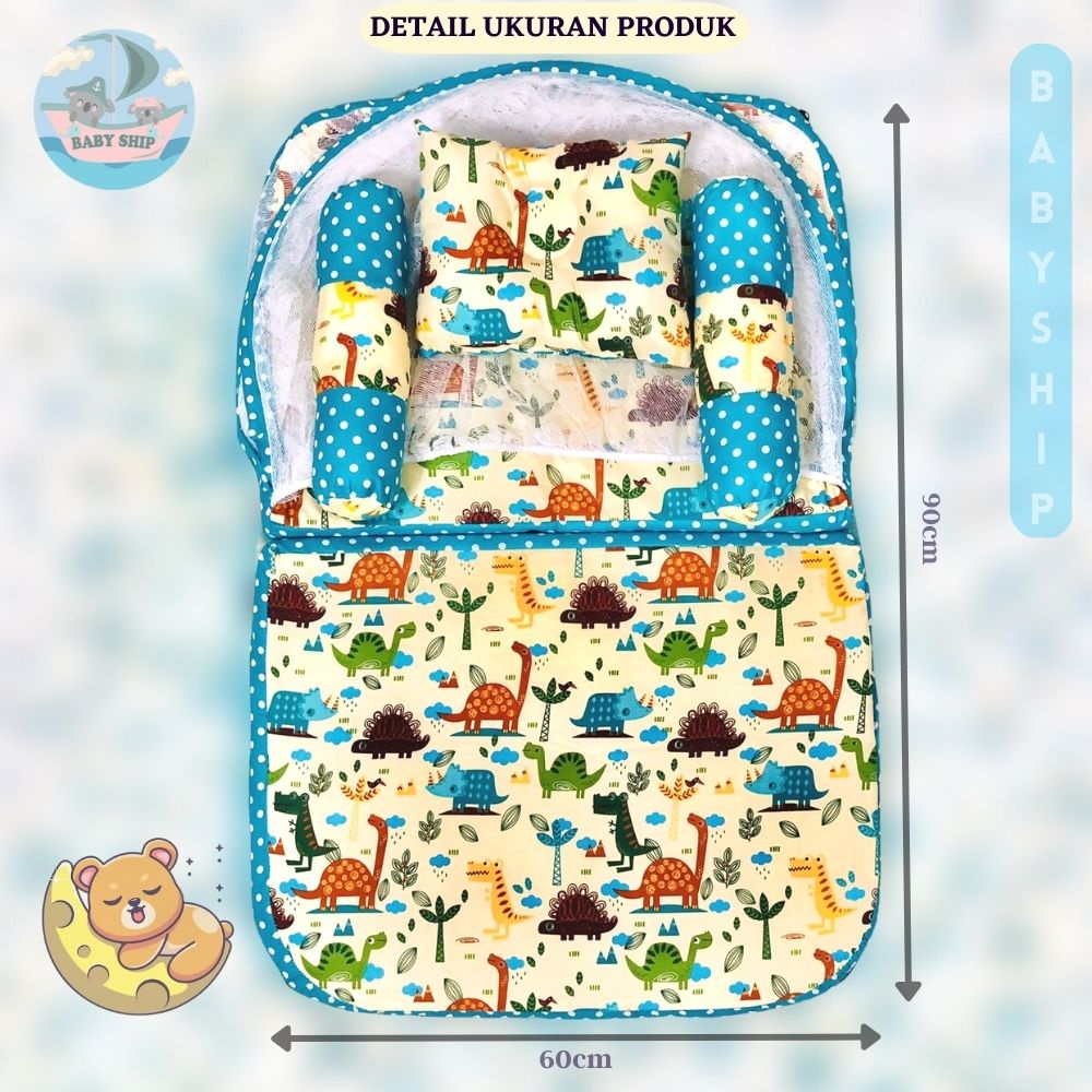 Kasur Bayi Kelambu Lipat / Tempat Tidur Bayi Lipat - Set Bantal Guling Free Tas Mika