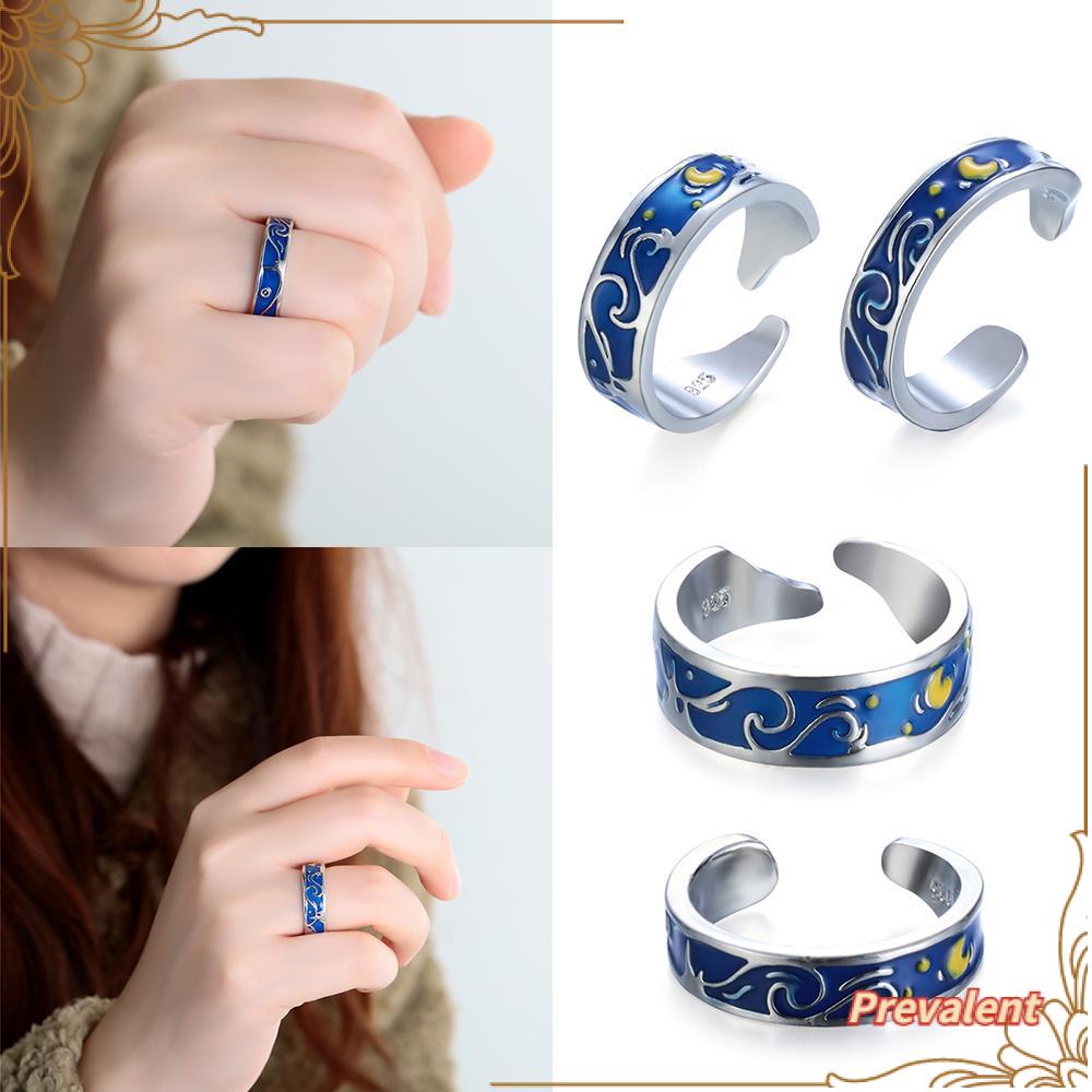 PREVA Couple Rings Valentine's Day Present Jewelry Blue Silver Plate Weddings Romantic Starry Sky