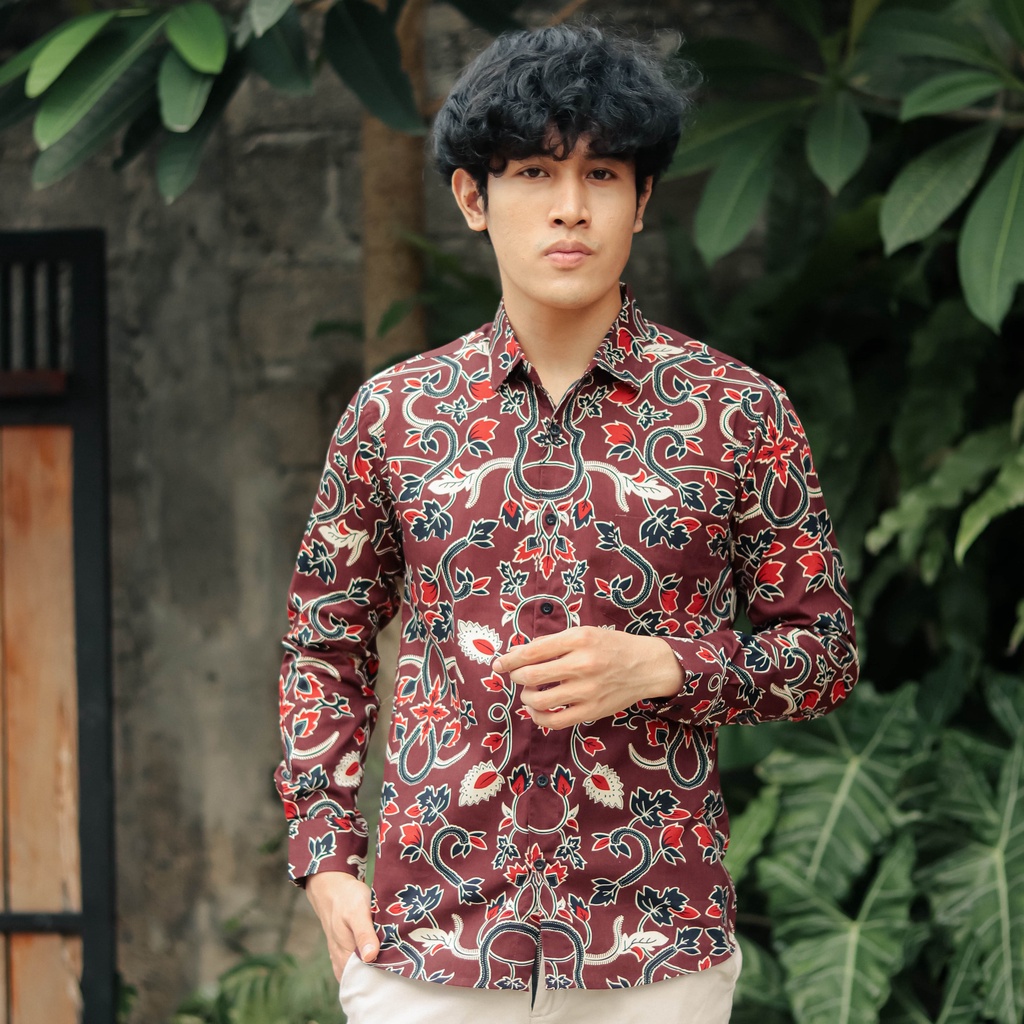 BatikBule Kemeja Batik Slimfit Panjang Motif Casual Warna Maroon &amp; Hijau LBL 1857 &amp; 1858