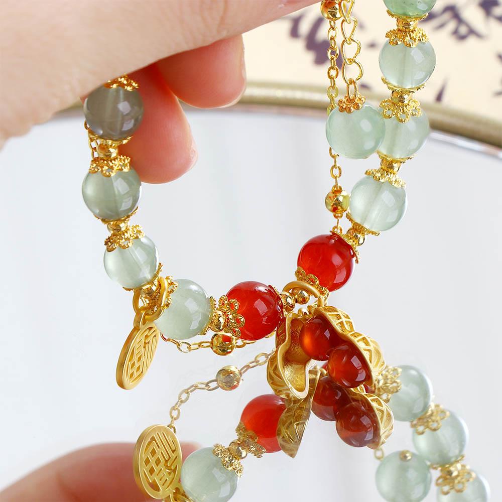 REBUY Rebuy Unisex Gelang Wanita Pasangan Hadiah Double Layer Gelang Karakter Keberuntungan Cina Warna Emas Rantai Niche Desain Manik-Manik Kaca Gelang Giok Imitasi