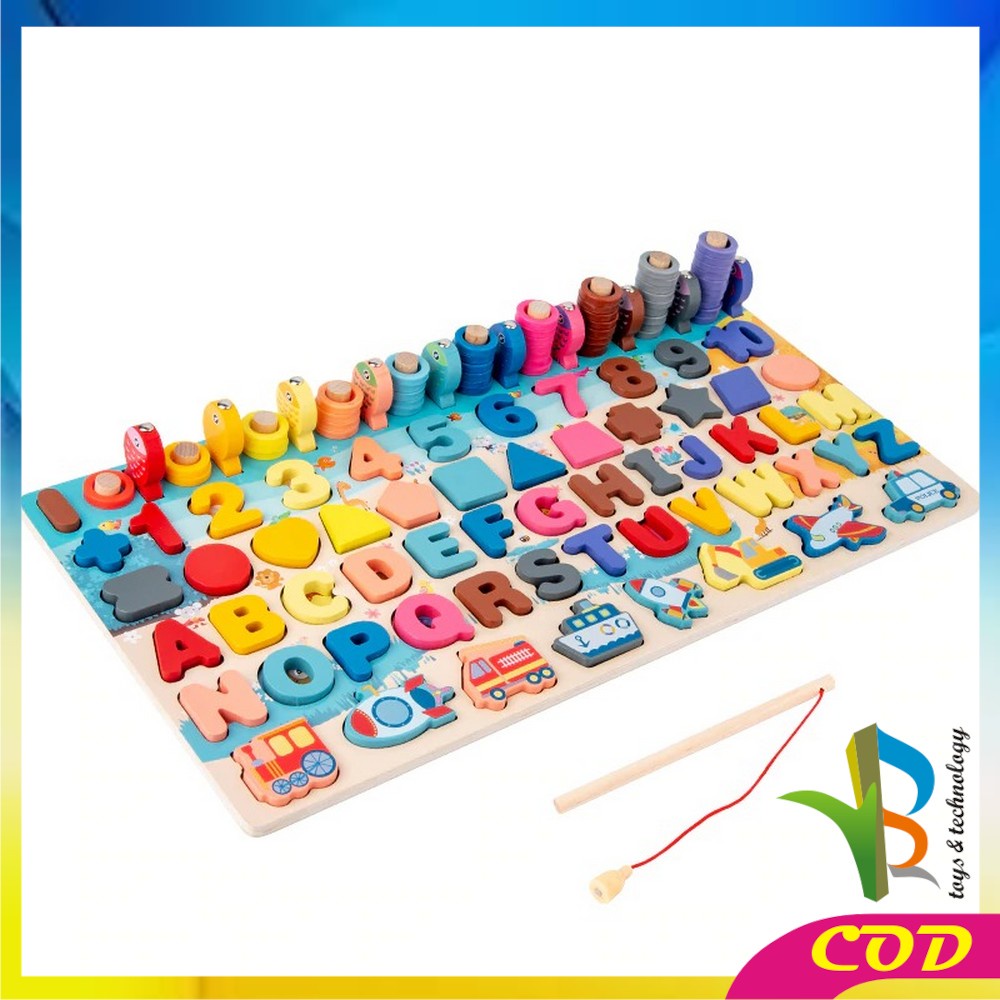 RB-M94 Mainan Edukasi 7in1 Puzzle Kayu Anak Huruf dan Angka Pancing Ikan Montessori Wooden Toys