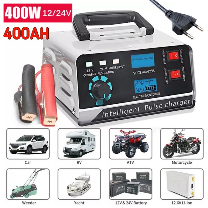 Charger Aki Mobil 400W 12V/24V 400AH Cas Aki Battery Otomatis AJ-618A