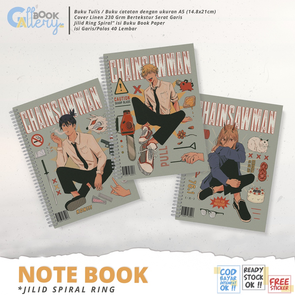 

[SP] Buku Tulis / Buku Catatan / Note book Anime Chainsaw Man, Denji, Aki Hayakawa, Power Jilid Ring Spiral Dengan isi Book Paper Garis/Polos 50 Lembar Free Poster dan Stiker Ukuran A5