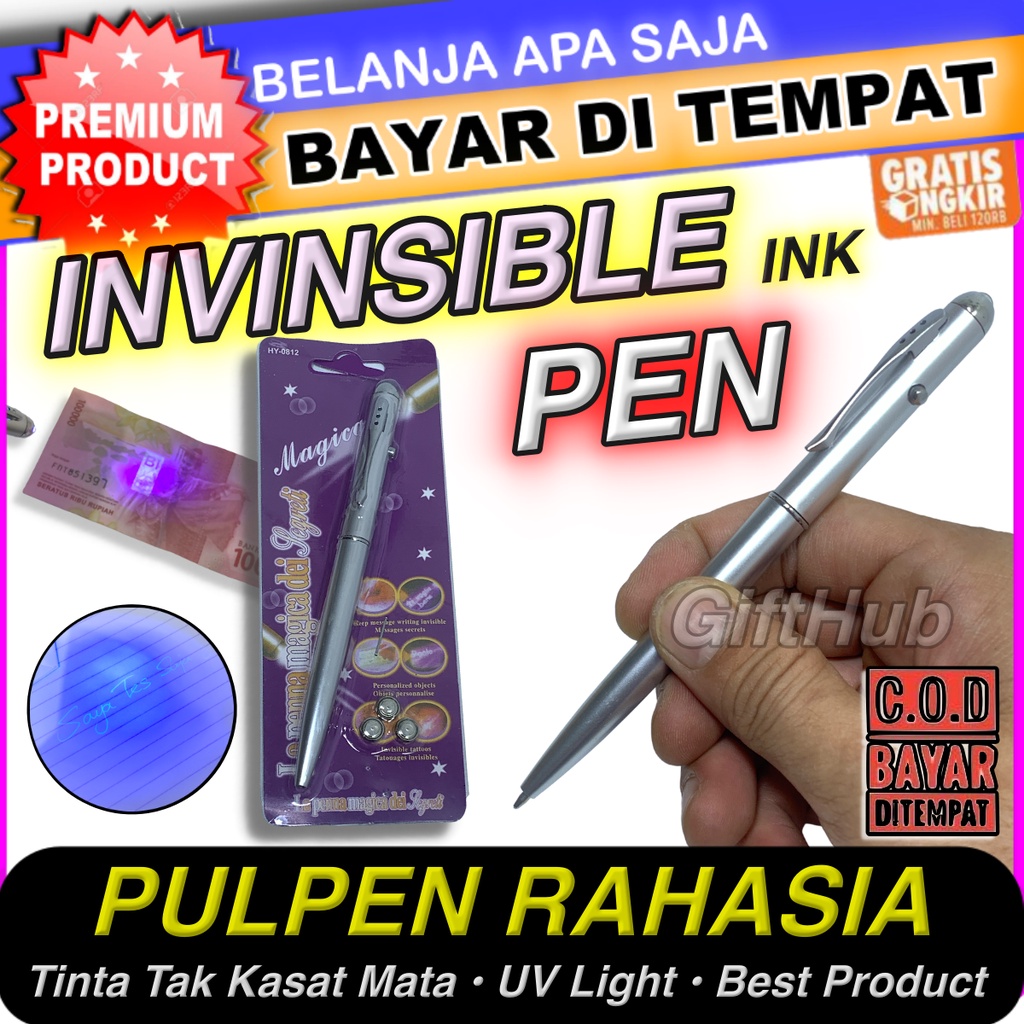 

Magic Pen + UV Light Pena Ajaib Unik Pulpen Tinta Invisible Transparan Tak Kasat Mata Dengan LED UV Cek Keaslian Uang Palsu Free 3pcs Battery Invincible