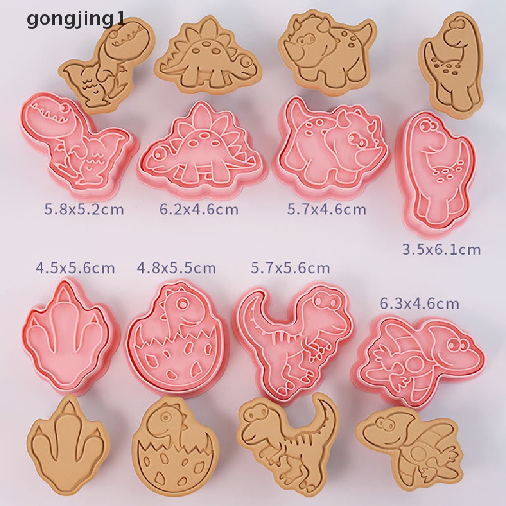 Ggg 8PCS Set Pemotong Kue Kering Dinosaurus 3D Kartun Dapat Ditekan Cetakan Biskuit Dinosaurus ID