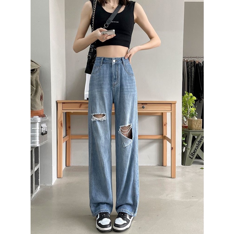 celana jins wanita kekinian straight jeans celanan jeans high waist wanita korean style jeans wanita ripped jeans cewek ootd fashion ripped jeans wanita