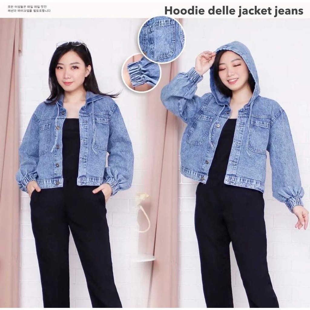 Jaket Jeans Wanita Hoodie Lengan Karet Lengan Balon Jumbo Tebal Terbaru