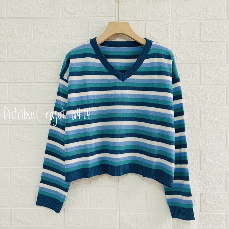 KAGURA KNIT STRIPE WANITA V LENGAN PANJANG PREMIUM SWEATER KOREA