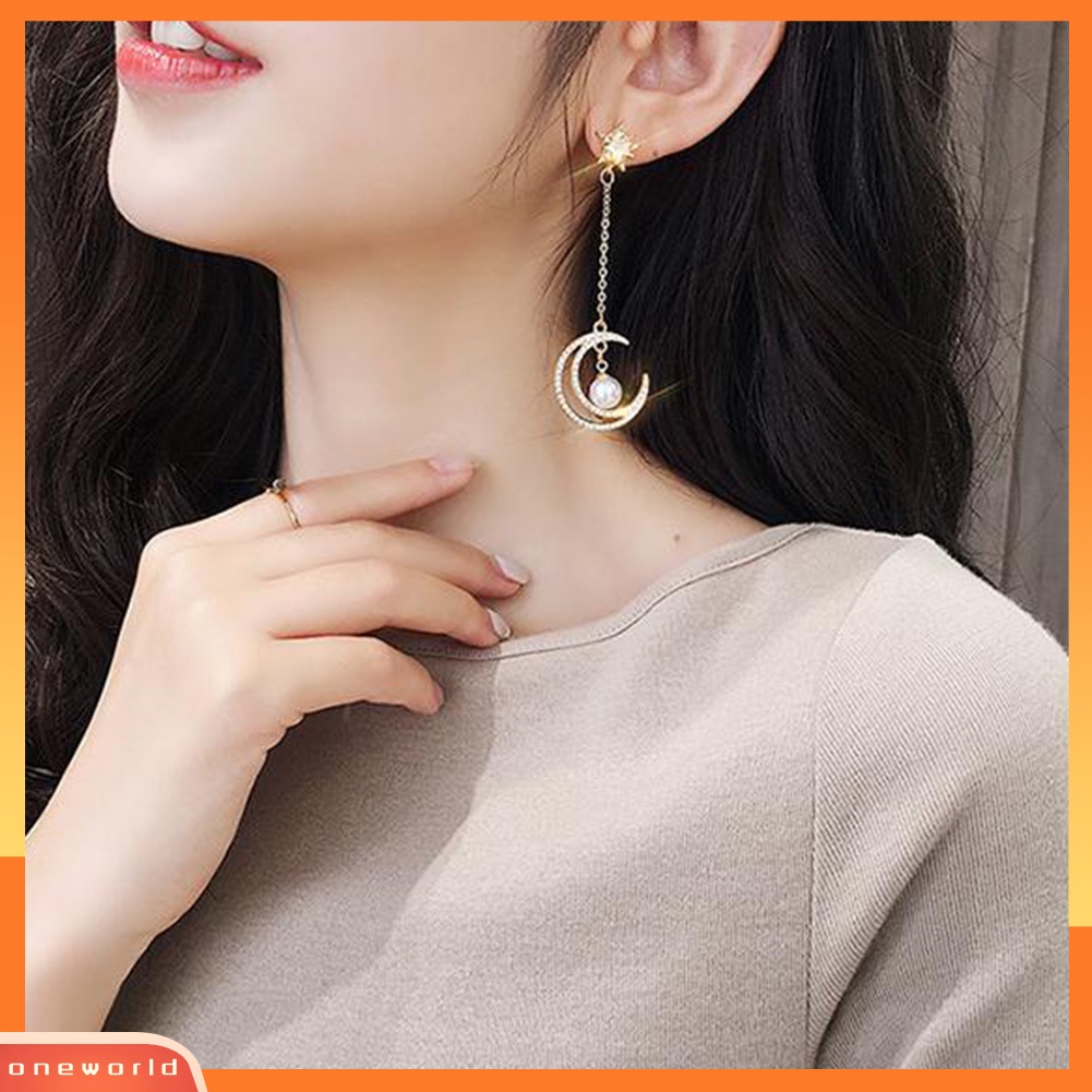 [WONE] Wanita Cubic Zirconia Bulan Bintang Menjuntai Asimetris Ear Stud Earrings Perhiasan Hadiah