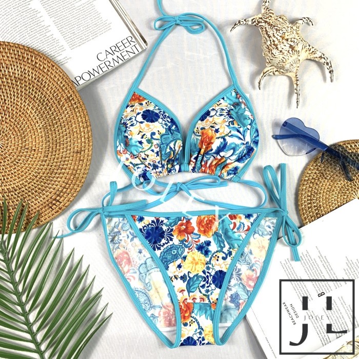 Bikini segitiga cd motif bunga bunga tali biru
