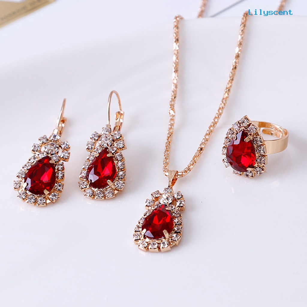 [LS] 3pcs/set Ladies Pendant Necklace Bentuk Tetesan Air Aksesori Tahan Aus Elegan Kalung Menjuntai Anting Cincin Set Untuk Pernikahan