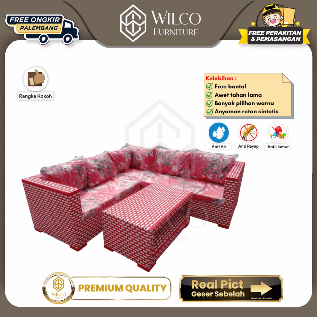 Sofa L Sudut Rotan Sintetis / Sofa Ruang Tamu Murah Bunga Merah