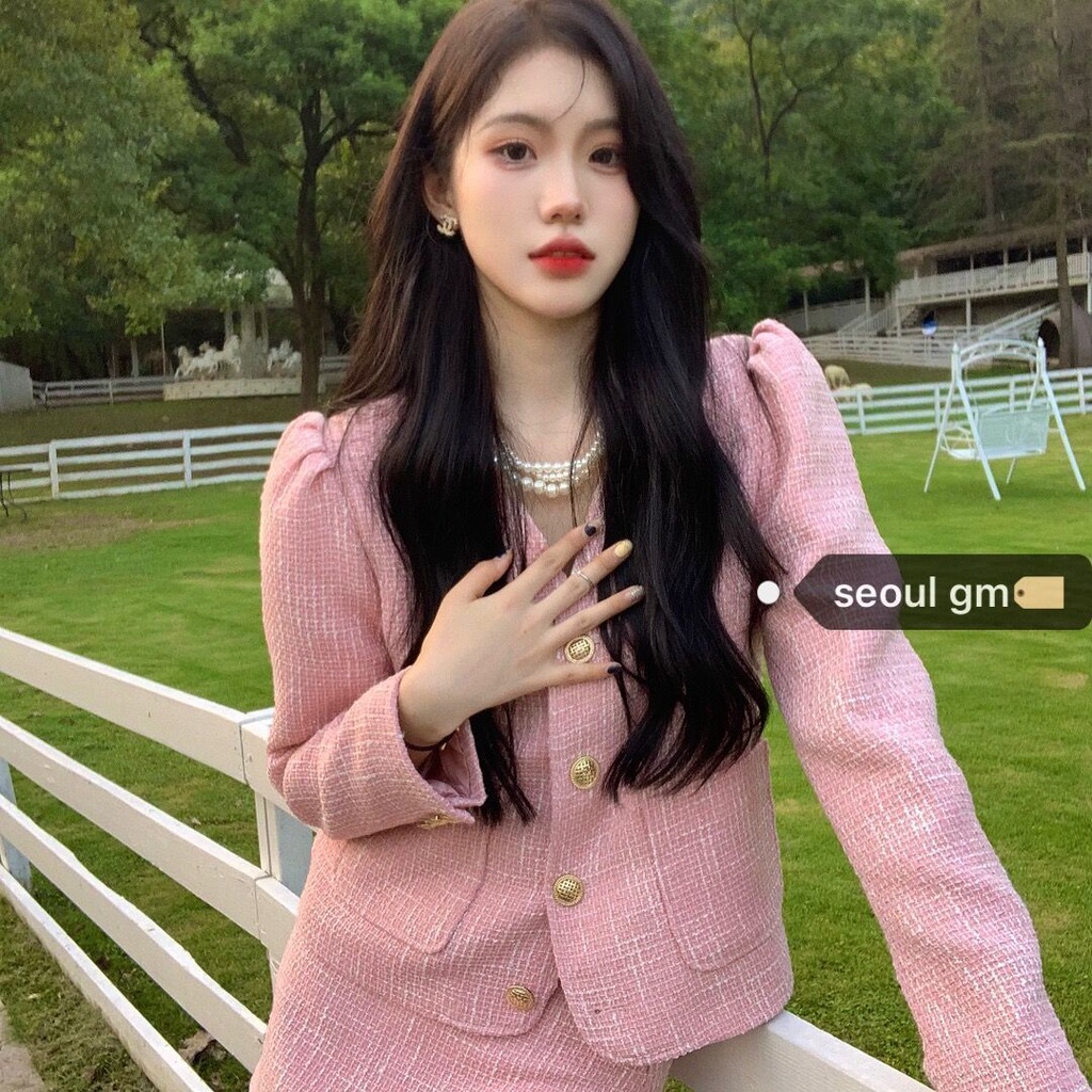 Setelan one-piece Suhao tepat ~ Setelan wewangian kecil merah muda dengan mantel pendek lengan kembung + set dua potong rok pinggang tinggi