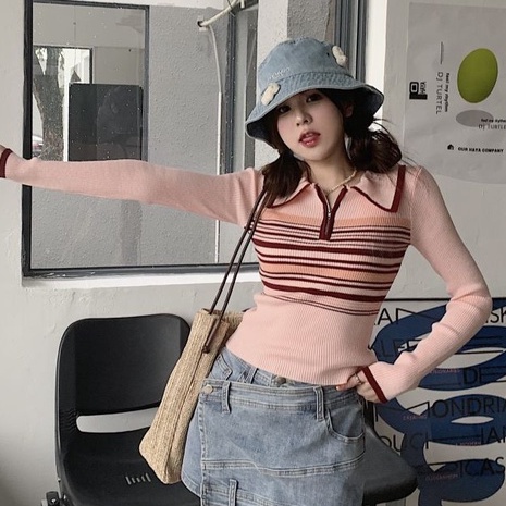 Crop Top Rajut Wanita Garis Garis Lengan Panjang Polo Neck Casual Top