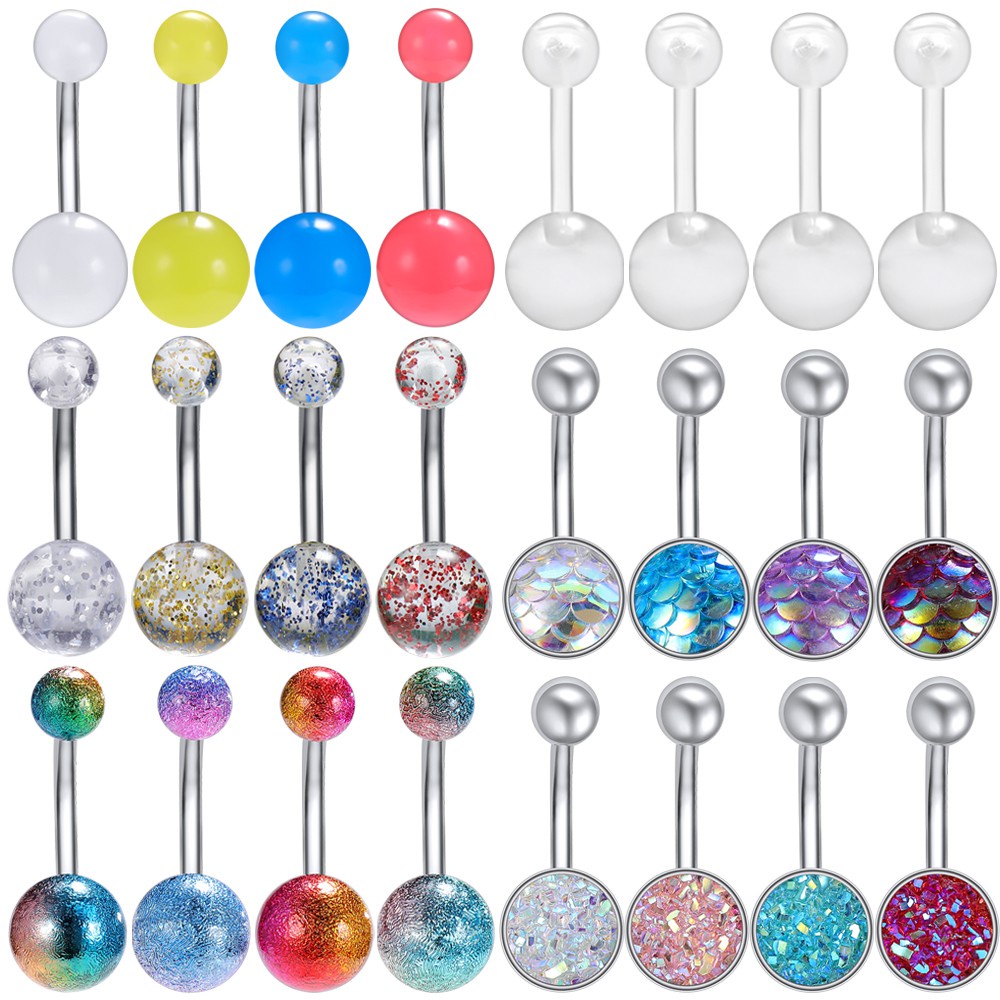 1set Cincin Perut Stainless Steel Set Tindik Pusar Akrilik 14g Belly Button Rings Multicolor Navel Rings Jewelry