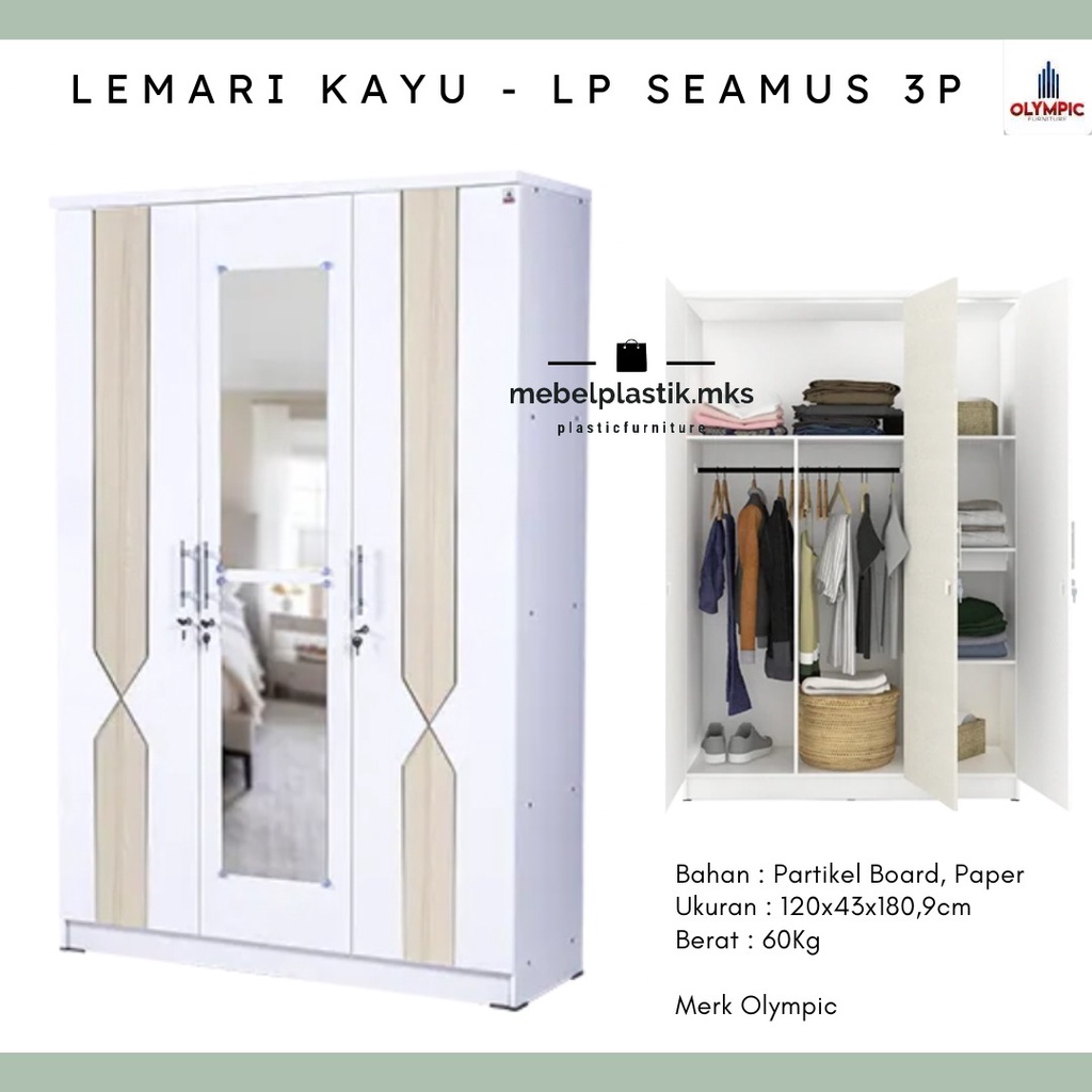 Lemari Putih Kayu Olympic Cermin 2 Pintu 3 Pintu SEAMUS