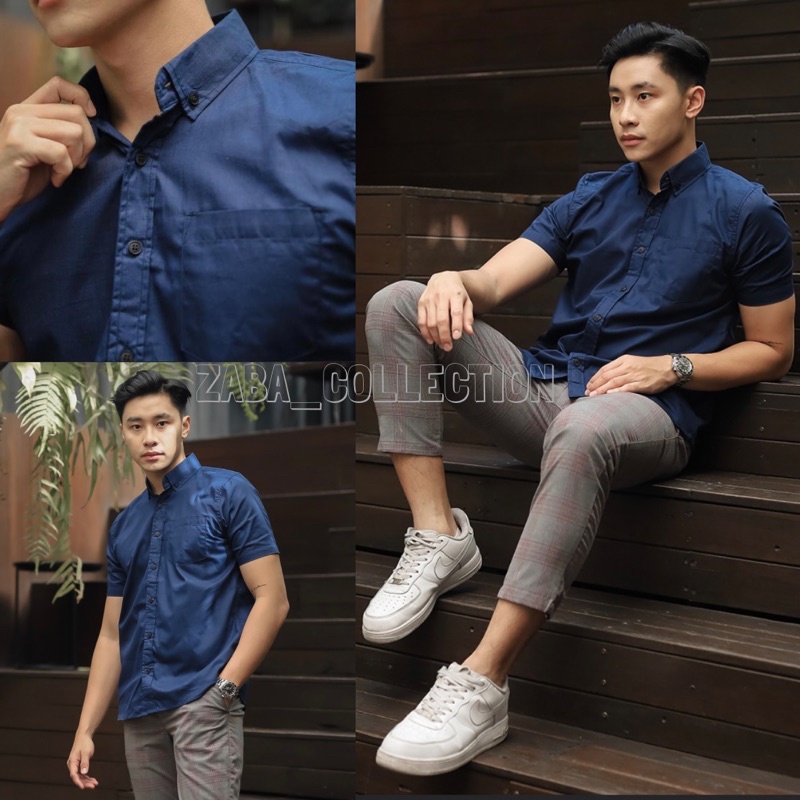 [COD] Baju Kemeja pria Polos Lengan pendek Kemeja casual pria /Kemeja navy Lengan pendek