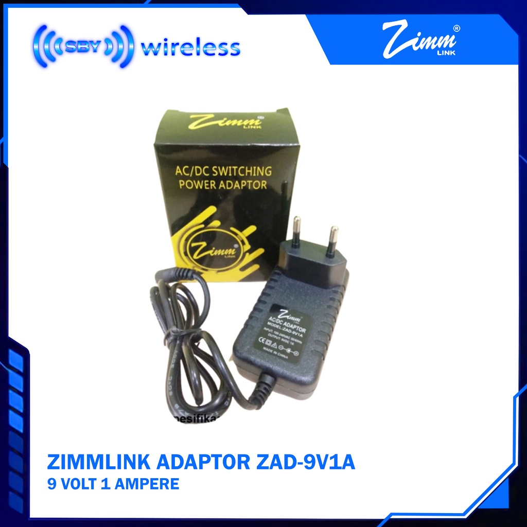 ADAPTOR 9V 1A ZAD-9V1A ZIMMLINK 9VOLT 1AMPERE